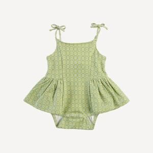 NWT Kate Quinn Green Olive Mosaic Spaghetti Tie Ballerina Bubble Romper 3-6m